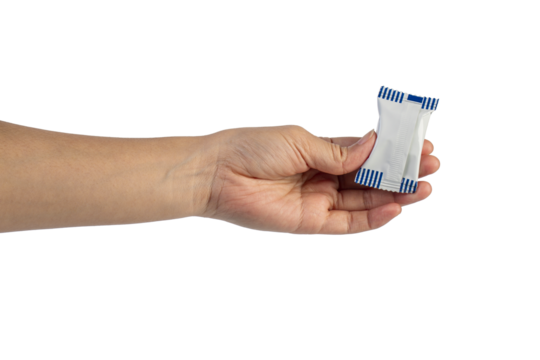 Plastic bag snack packaging and hand holding isolated on transparent background