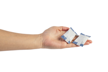 Plastic bag snack packaging and hand holding isolated on transparent background