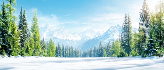 A scenic winter landscape featuring snow-covered mountains, evergreen trees, and a snow-covered foreground under a bright blue sky. The image captures the beaut