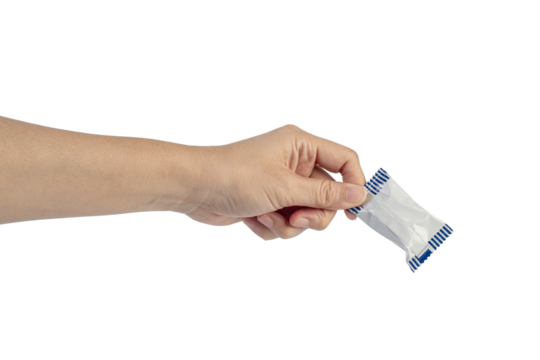 Plastic bag snack packaging and hand holding isolated on transparent background - Powered by Adobe