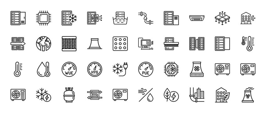 Data center cooling line icon set. Vector pictograms of server racks, humidity, temperature, and cpu chips, thin linear illustration.