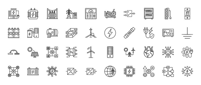 Electricity and power line icon set. Vector pictograms of transformer, battery, solar panel, wind turbine, and energy distribution, thin linear illustration.