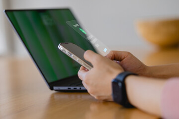 hands holding a smartphone with digital payment UI overlay, representing mobile banking, fintech technology, contactless payment online transaction security.