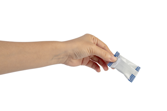 Plastic bag snack packaging and hand holding isolated on transparent background