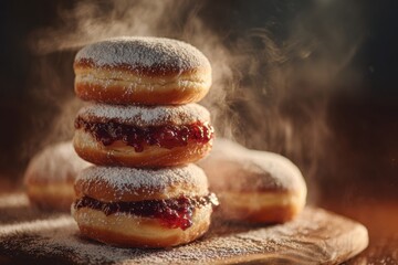 fresh hanukkah sufganiyot with warm steam on wooden board topped with sugar and jam filling showing dessert tradition perfect for festive food visuals culture menus seasonal projects