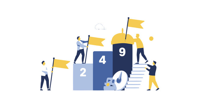 Creative milestone marker scene with diverse figures and colorful elements ideal for presentations and infographics