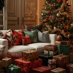 Stylish interior of Christmas arrangement with Christmas tree, white sofa and festive decorations.Warm holiday room with Christmas cushions and wrapped gifts