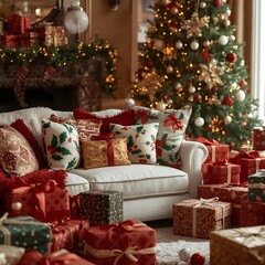 Stylish interior of Christmas arrangement with Christmas tree, white sofa and festive decorations.Warm holiday room with Christmas cushions and wrapped gifts