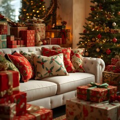 Stylish interior of Christmas arrangement with Christmas tree, white sofa and festive decorations.Warm holiday room with Christmas cushions and wrapped gifts