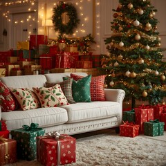 Stylish interior of Christmas arrangement with Christmas tree, white sofa and festive decorations.Warm holiday room with Christmas cushions and wrapped gifts