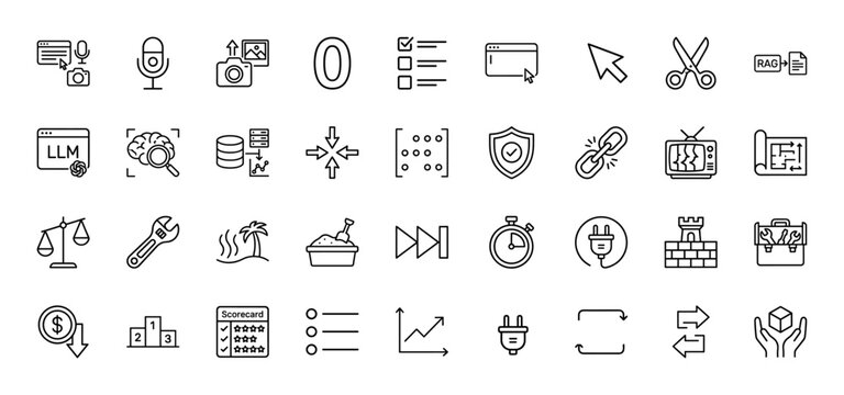 Artificial intelligence and technology line icon set. Vector pictograms of machine learning, data storage, security, and scorecards, thin linear illustration.