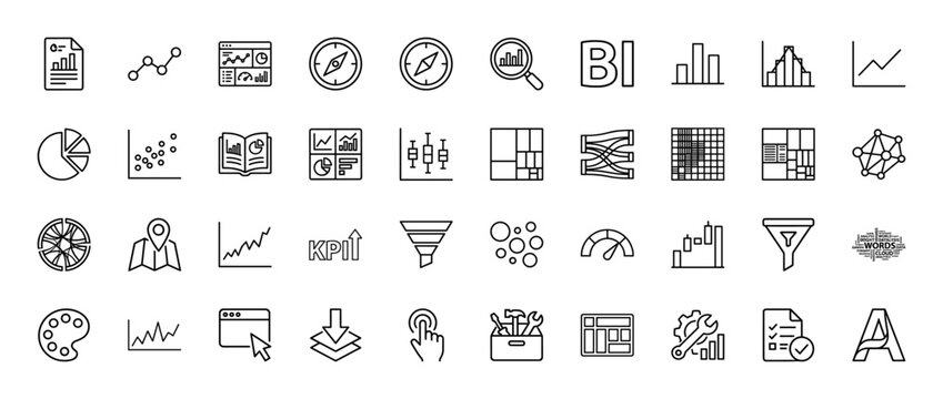 Business and data analysis line icon set. Vector pictograms of charts, graphs, bi, kpi, and tools, thin linear illustration.