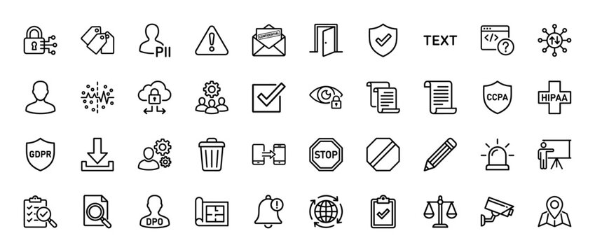 Data privacy and security line icon set. Vector pictograms of gdpr, hipaa, ccpa, dpo, encryption, and alert, thin linear illustration.