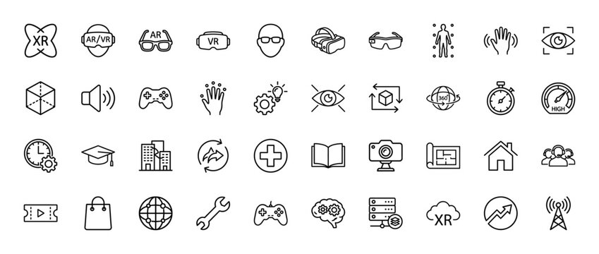 Extended reality technology line icon set. Vector pictograms of virtual, augmented, mixed reality, gaming, and 360-degree view, thin linear illustration.