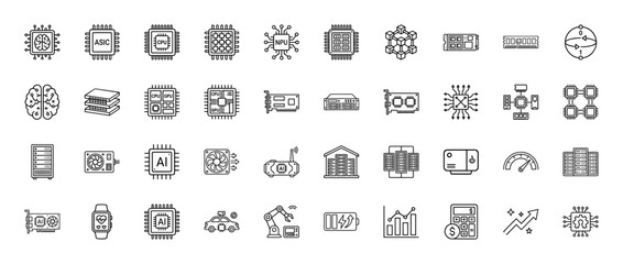 Fototapeta premium Artificial intelligence and computing icon set. Vector pictograms of cpu, gpu, memory, asic, robot, and server, thin linear illustration.