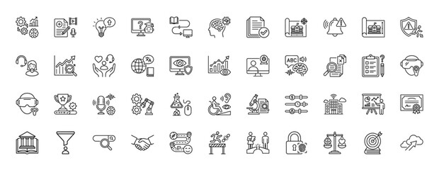 Education and learning line icon set. vector pictograms of research, knowledge, technology, and success, thin linear illustration.