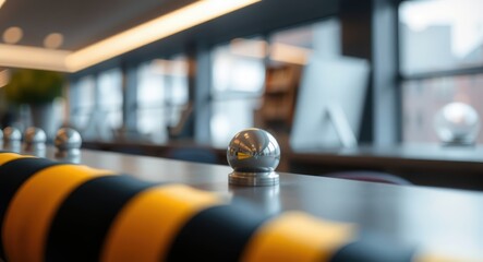 Modern hotel lobby with black and yellow rope barrier and silver balls
