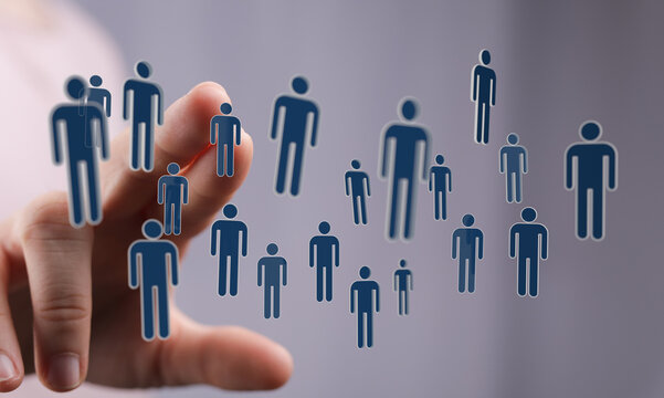 Hand touching digital people symbols representing teamwork, collaboration, and network. Perfect for business, t - Powered by Adobe