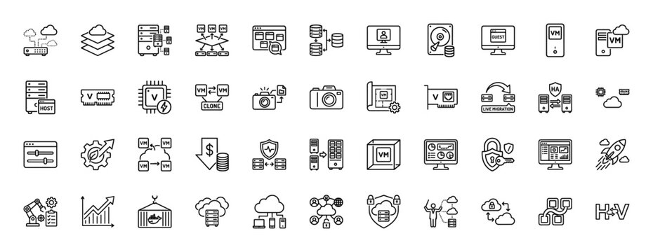 Cloud computing and virtualization line icon set. Vector pictograms of server, VM, storage, migration, and network, thin linear illustration.