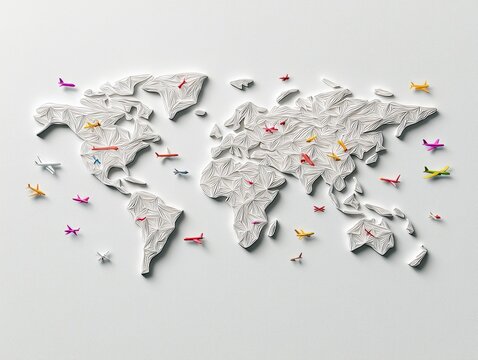 Overhead view of a white paper world map with colorful miniature airplanes scattered around, representing travel and global connectivity. - Powered by Adobe
