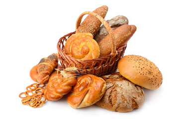 Assorted Fresh Bread and Pastries in a Rustic Basket on White Background
