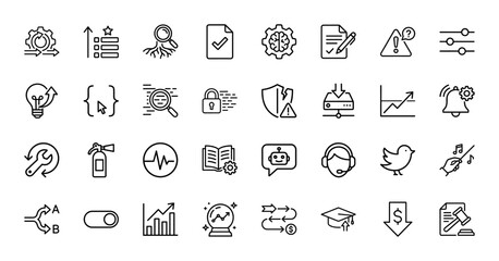 Business and technology line icon set. Vector pictograms of gear, chart, security, and document, thin linear illustration.