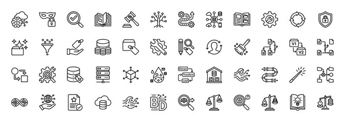 Business and technology line icon set. Vector pictograms of data analytics, security, finance, and process management, thin linear illustration.