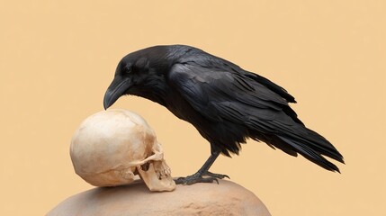 Obraz premium Raven perched on a skull against a plain background in a thoughtful pose