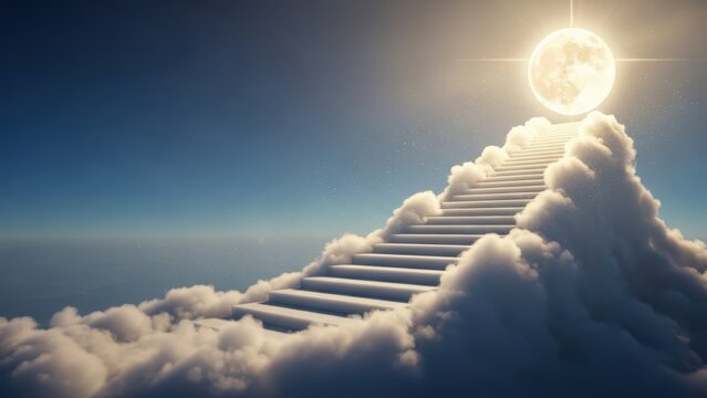 Majestic staircase ascending through fluffy clouds towards a glowing celestial light in the blue sky.