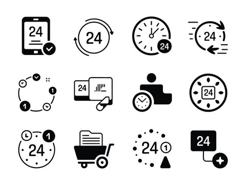 Collection of stylized icons representing 24-hour service and availability.