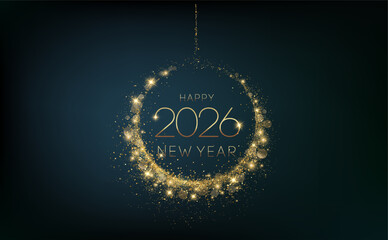 2026 Merry Christmas and Happy New Year Abstract Shiny Gold Circle Frame Glitter Decoration. Festive Background. Vector design element