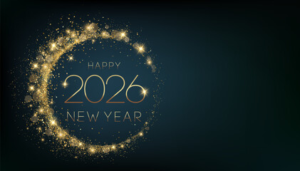 2026 Merry Christmas and Happy New Year Abstract Shiny Gold Circle Frame Glitter Decoration. Festive Background. Vector design element