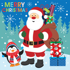 Christmas card with santa, penguin and gifts