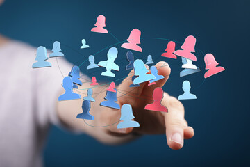 Concept of digital networking and community building illustrated with connected person icons. Represents social media, communication, and global