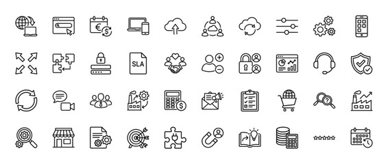 Business and management line icon set. Vector pictograms of settings, cloud computing, finance, teamwork, and analysis, thin linear illustration.