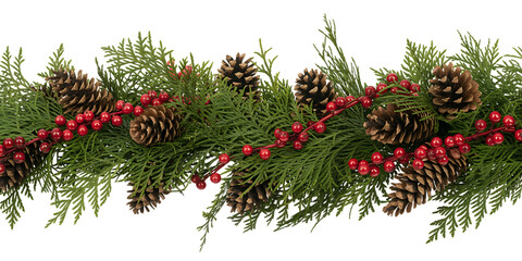 Christmas garland with pine cones and red berries isolated on white background