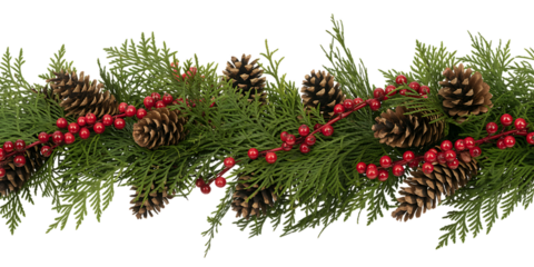 Christmas garland with pine cones and red berries isolated on white background