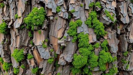 Moss growing on tree bark, green plants on rough wooden surface