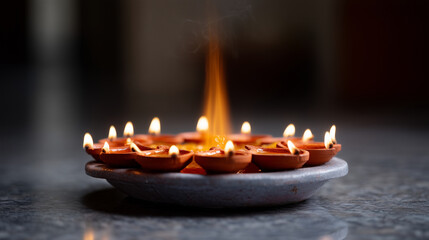 A beautifully arranged Diwali floor setup featuring a perfect circular composition of traditional Indian clay diyas placed symmetrically around a central decorative rangoli plate.