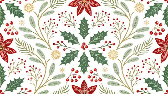 Seamless Christmas pattern with holly, poinsettia, and berries. Excellent for holiday e-commerce sites, seasonal blogs, gift wrap design, or festive home decor articles. 