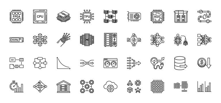 Artificial intelligence and deep learning hardware line icon set. Vector pictograms of cpu, tpu, gpu, asic, fpga, hbm, and neural networks, thin linear illustration.