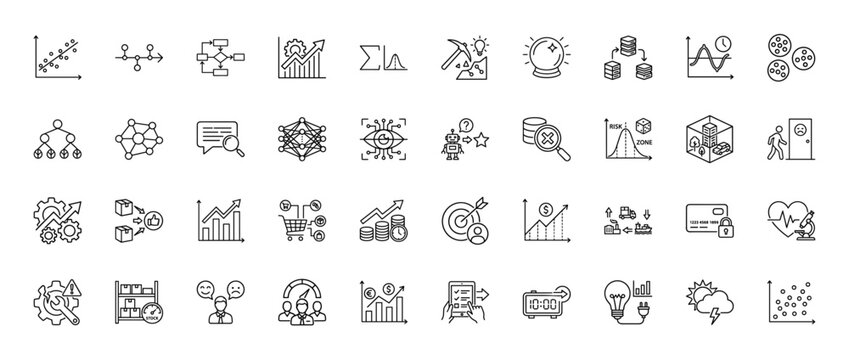 Data analysis and machine learning line icon set. Vector pictograms of neural network, flowchart, algorithm, statistics, thin linear illustration.