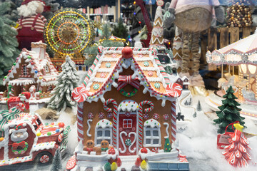 Christmas gingerbread house in winter shop display