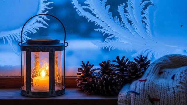 Cozy winter night scene with candle lantern, pine cones, and a warm knit sweater by a frosty window, evoking holiday cheer and seasonal tranquility in blue tones