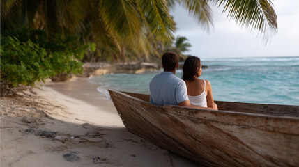 Fototapeta premium A romantic tropical beach scene featuring a young couple relaxing together on an old weathered wooden boat positioned on soft golden sand under lush palm trees. The entire scene is