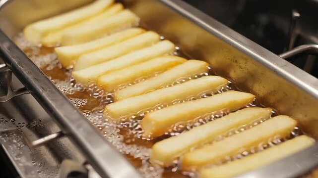 Row of French Fries Deep Frying in Hot Oil