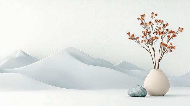 A minimalist composition featuring a vase with flowers, a stone, and abstract landscape elements, all in a soft, muted color palette.