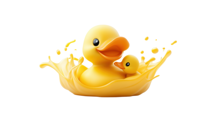 Yellow Duck and Duckling Splashing in Water
