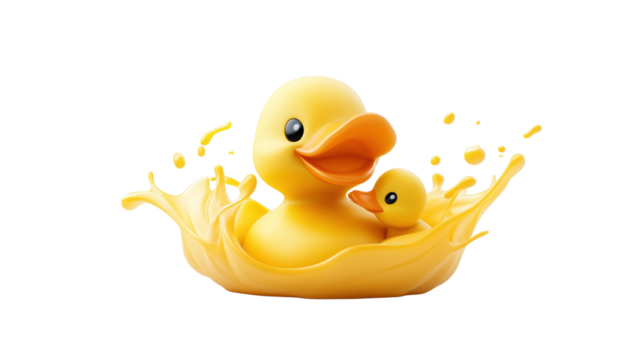Yellow Duck and Duckling Splashing in Water