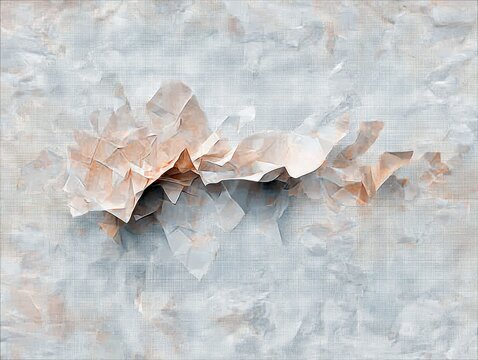An abstract artwork featuring a crumpled paper sculpture with soft lighting against a textured background.